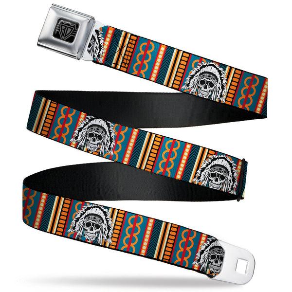 Buckle-Down BD Wings Logo CLOSE-UP Black/Silver Seatbelt Belt - Native American Skull/Tapestry Multi Color/White/Black Webbing