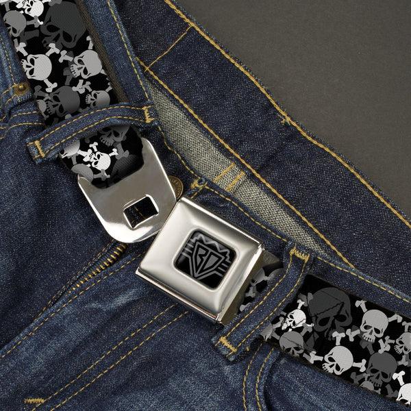 Buckle-Down BD Wings Logo CLOSE-UP Black/Silver Seatbelt Belt - Multi Top Skulls Stacked Blak/Gray/White Webbing
