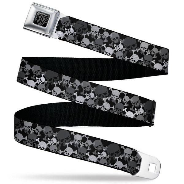 Buckle-Down BD Wings Logo CLOSE-UP Black/Silver Seatbelt Belt - Multi Top Skulls Stacked Blak/Gray/White Webbing
