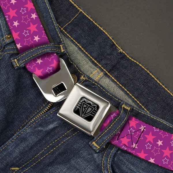 Buckle-Down BD Wings Logo CLOSE-UP Black/Silver Seatbelt Belt - Mini Star Assortment Purple/Pinks/White Webbing