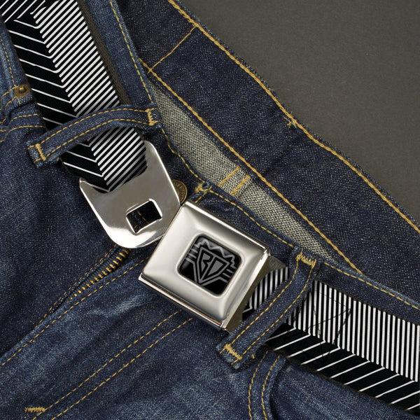 Buckle-Down BD Wings Logo CLOSE-UP Black/Silver Seatbelt Belt - Hash Mark Stripe Black/White Webbing