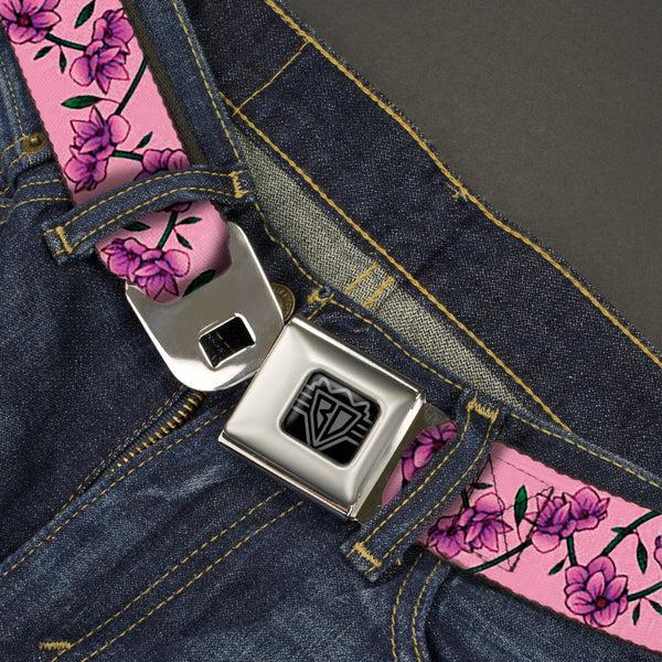 Buckle-Down BD Wings Logo CLOSE-UP Black/Silver Seatbelt Belt - Floral Chain Pink Webbing