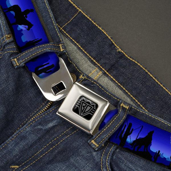 Buckle-Down BD Wings Logo CLOSE-UP Black/Silver Seatbelt Belt - Cowboy/Coyote Silhouettes/Western Landscape Blues/Black Webbing