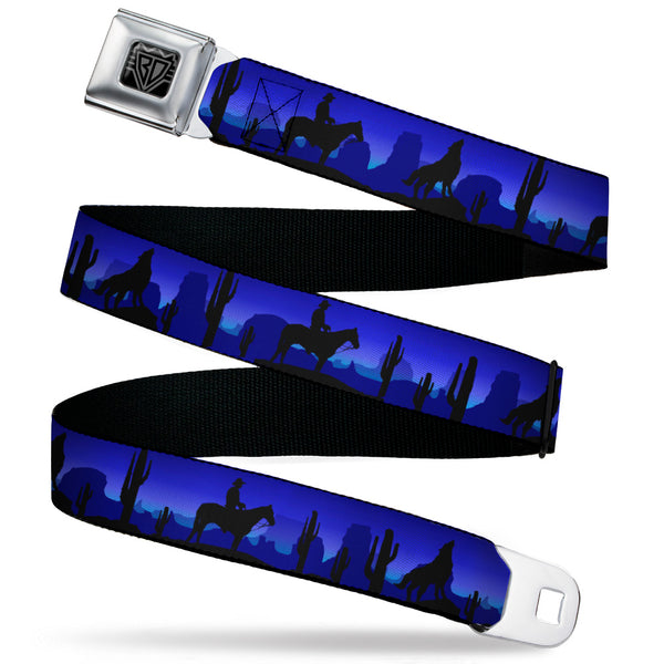 Buckle-Down BD Wings Logo CLOSE-UP Black/Silver Seatbelt Belt - Cowboy/Coyote Silhouettes/Western Landscape Blues/Black Webbing