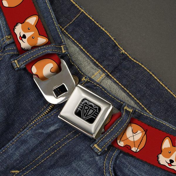 Buckle-Down BD Wings Logo CLOSE-UP Black/Silver Seatbelt Belt - Corgi Face/Rump Red Webbing