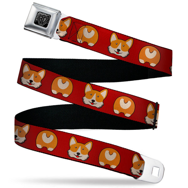 Buckle-Down BD Wings Logo CLOSE-UP Black/Silver Seatbelt Belt - Corgi Face/Rump Red Webbing