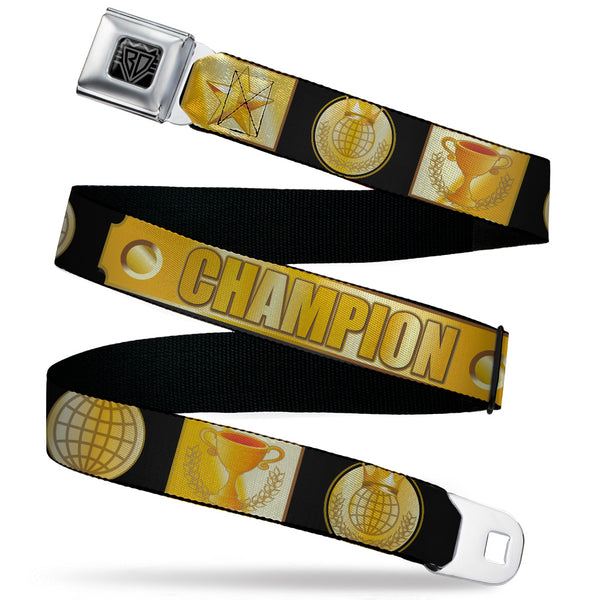 Buckle-Down BD Wings Logo CLOSE-UP Black/Silver Seatbelt Belt - CHAMPION Belt/Icons Black/Golds Webbing