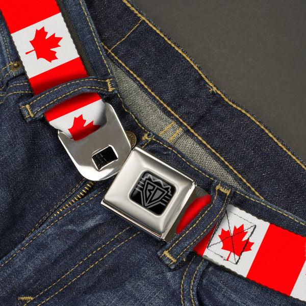 Buckle-Down BD Wings Logo CLOSE-UP Black/Silver Seatbelt Belt - Canada Flag Continuous Webbing