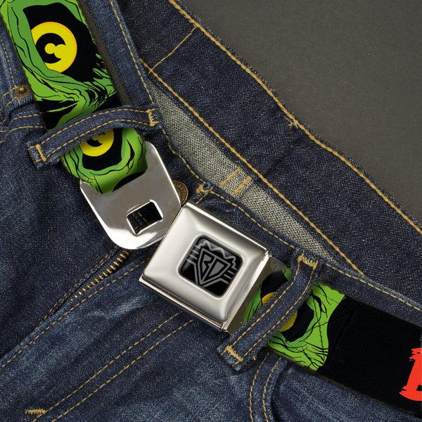 Buckle-Down BD Wings Logo CLOSE-UP Black/Silver Seatbelt Belt - BRAINS/Zombie Face CLOSE-UP Black/Red/Green/Yellow Webbing