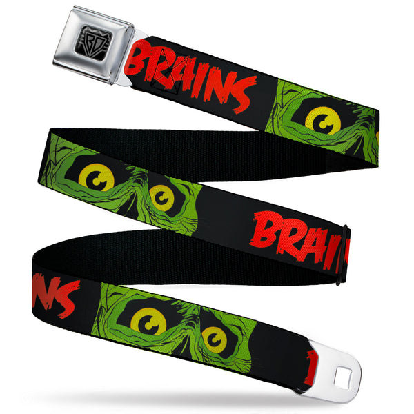 Buckle-Down BD Wings Logo CLOSE-UP Black/Silver Seatbelt Belt - BRAINS/Zombie Face CLOSE-UP Black/Red/Green/Yellow Webbing