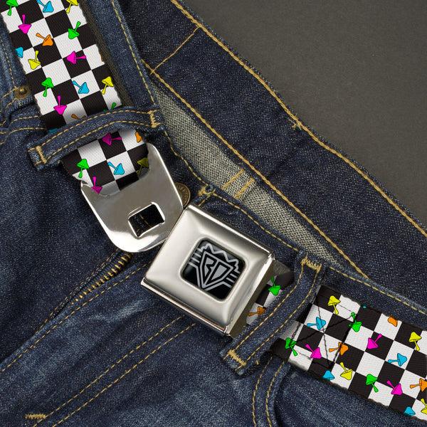 Buckle-Down BD Wings Logo CLOSE-UP Black/Silver Seatbelt Belt - Mushrooms Scattered Checker Black/White/Multi Neon Webbing