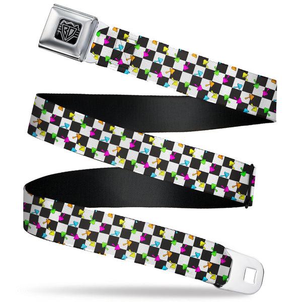Buckle-Down BD Wings Logo CLOSE-UP Black/Silver Seatbelt Belt - Mushrooms Scattered Checker Black/White/Multi Neon Webbing