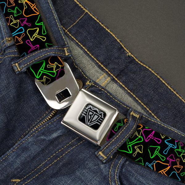 Buckle-Down BD Wings Logo CLOSE-UP Black/Silver Seatbelt Belt - Mushroom Outline Scattered Black/Multi Neon Webbing