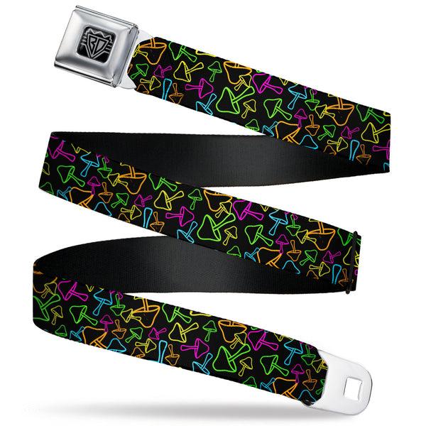 Buckle-Down BD Wings Logo CLOSE-UP Black/Silver Seatbelt Belt - Mushroom Outline Scattered Black/Multi Neon Webbing