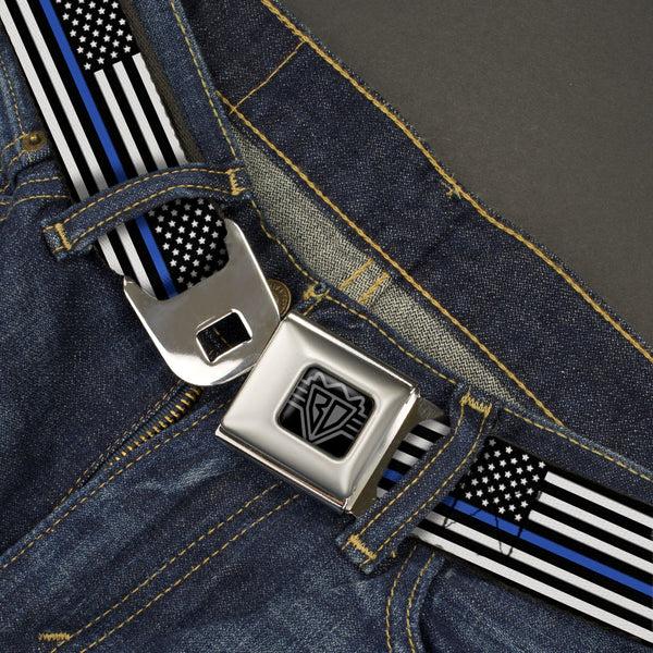 Buckle-Down BD Wings Logo CLOSE-UP Black/Silver Seatbelt Belt - Thin Blue Line Flag Continuous Black/Gray/Blue Webbing