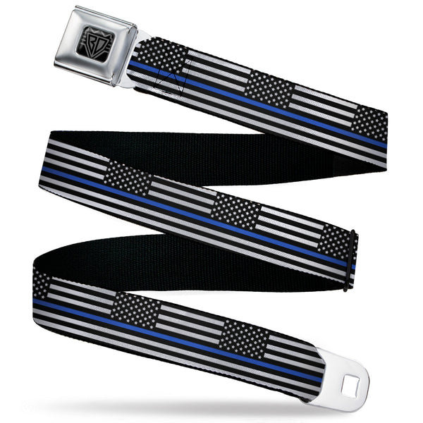 Buckle-Down BD Wings Logo CLOSE-UP Black/Silver Seatbelt Belt - Thin Blue Line Flag Continuous Black/Gray/Blue Webbing