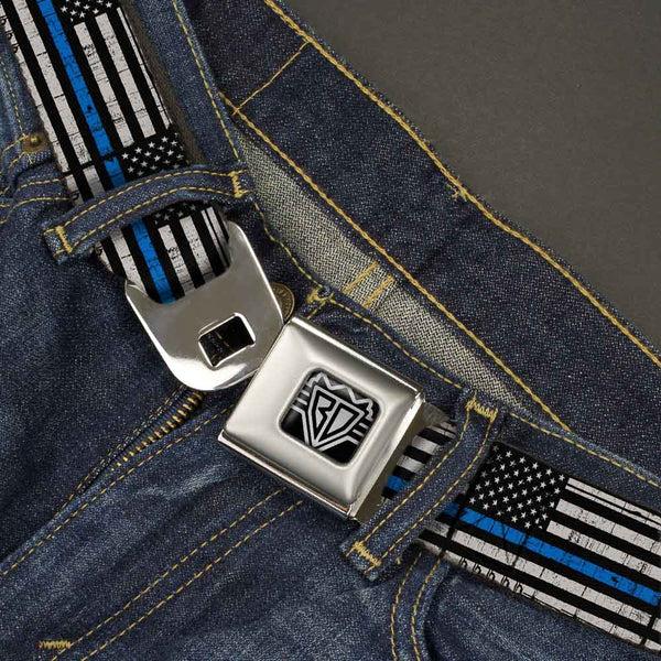 Buckle-Down BD Wings Logo CLOSE-UP Black/Silver Seatbelt Belt - Thin Blue Line Flag Weathered Black/Gray/Blue Webbing