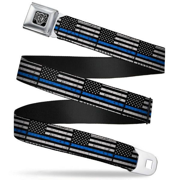 Buckle-Down BD Wings Logo CLOSE-UP Black/Silver Seatbelt Belt - Thin Blue Line Flag Weathered Black/Gray/Blue Webbing