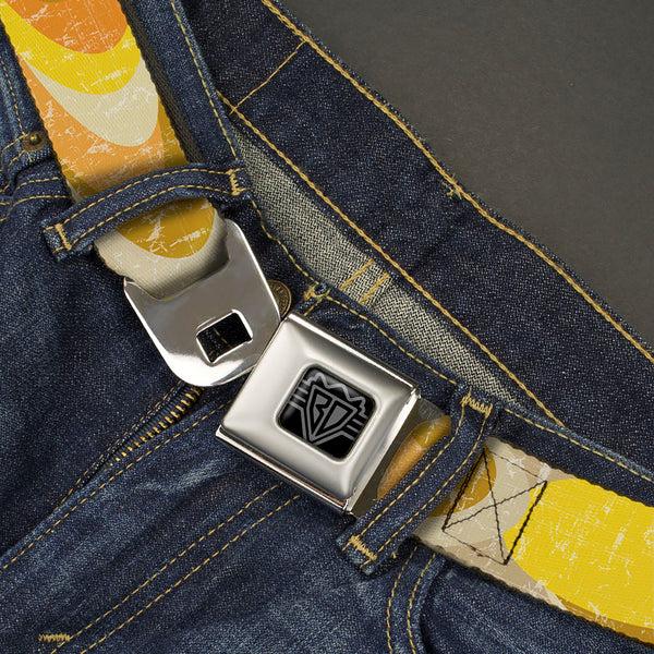 Buckle-Down BD Wings Logo CLOSE-UP Black/Silver Seatbelt Belt - Spots Stacked Weathered Yellows/Browns Webbing