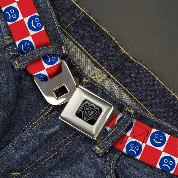 Buckle-Down BD Wings Logo CLOSE-UP Black/Silver Seatbelt Belt - Smiley Sad Face Checker Red/White/Blue Webbing