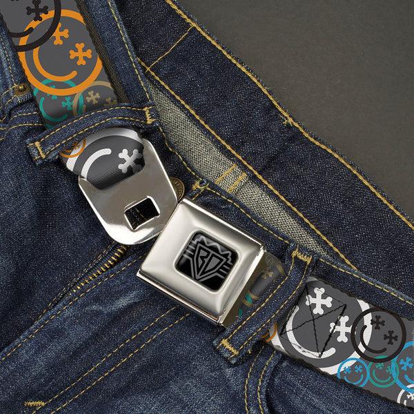 Buckle-Down BD Wings Logo CLOSE-UP Black/Silver Seatbelt Belt - Smiley Face Crossbones Stacked Gray/Multi Color Webbing