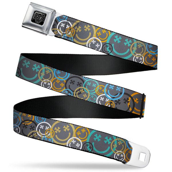 Buckle-Down BD Wings Logo CLOSE-UP Black/Silver Seatbelt Belt - Smiley Face Crossbones Stacked Gray/Multi Color Webbing