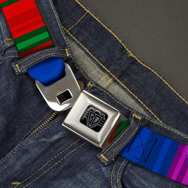 Buckle-Down BD Wings Logo CLOSE-UP Black/Silver Seatbelt Belt - Zarape8 Vertical Multi Color Stripe Webbing