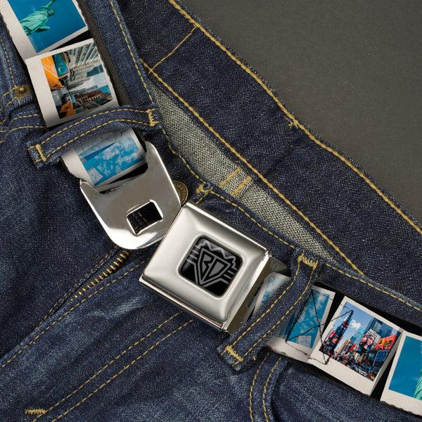 Buckle-Down BD Wings Logo CLOSE-UP Black/Silver Seatbelt Belt - Vivid New York City Snapshots Stacked Webbing
