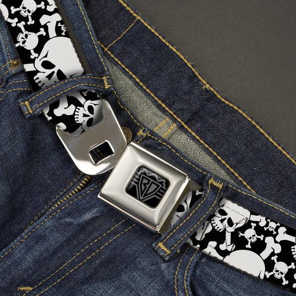 Buckle-Down BD Wings Logo CLOSE-UP Black/Silver Seatbelt Belt - Top Skulls CLOSE-UP Stacked Black/White Webbing