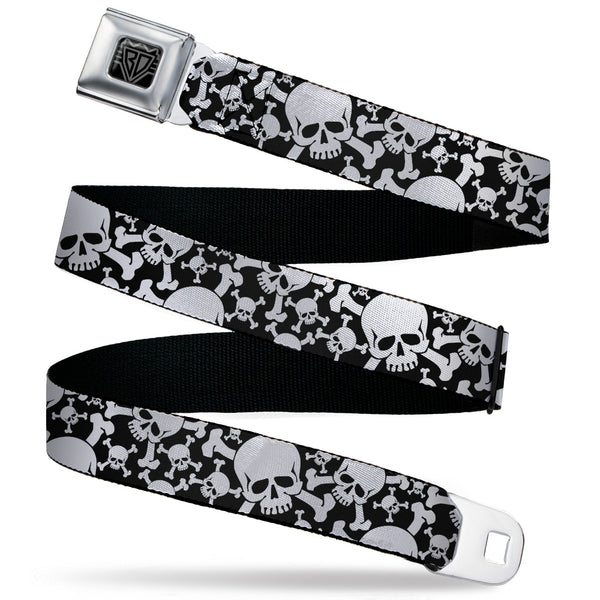 Buckle-Down BD Wings Logo CLOSE-UP Black/Silver Seatbelt Belt - Top Skulls CLOSE-UP Stacked Black/White Webbing