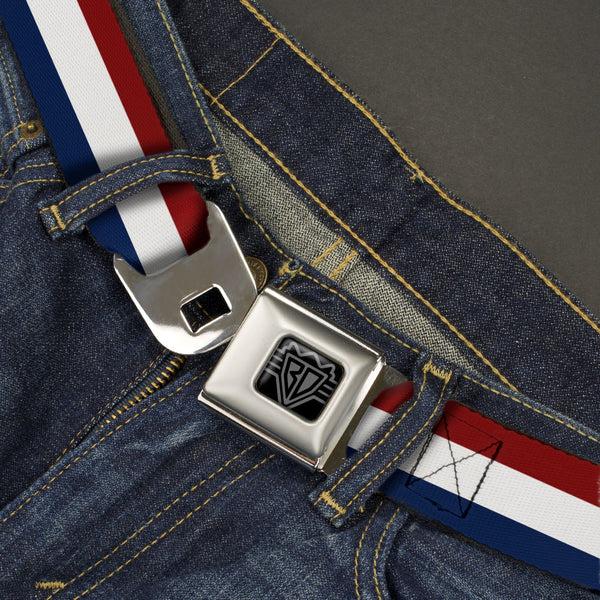 Buckle-Down BD Wings Logo CLOSE-UP Black/Silver Seatbelt Belt - Stripes Red/White/Blue Webbing