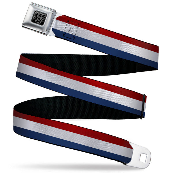 Buckle-Down BD Wings Logo CLOSE-UP Black/Silver Seatbelt Belt - Stripes Red/White/Blue Webbing