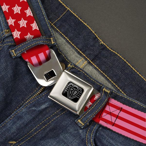 Buckle-Down BD Wings Logo CLOSE-UP Black/Silver Seatbelt Belt - Stars & Stripes2 Red/White/Pink Webbing