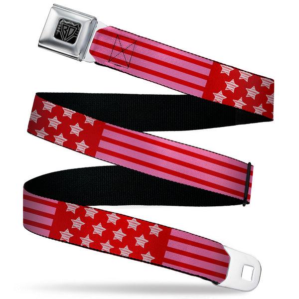 Buckle-Down BD Wings Logo CLOSE-UP Black/Silver Seatbelt Belt - Stars & Stripes2 Red/White/Pink Webbing