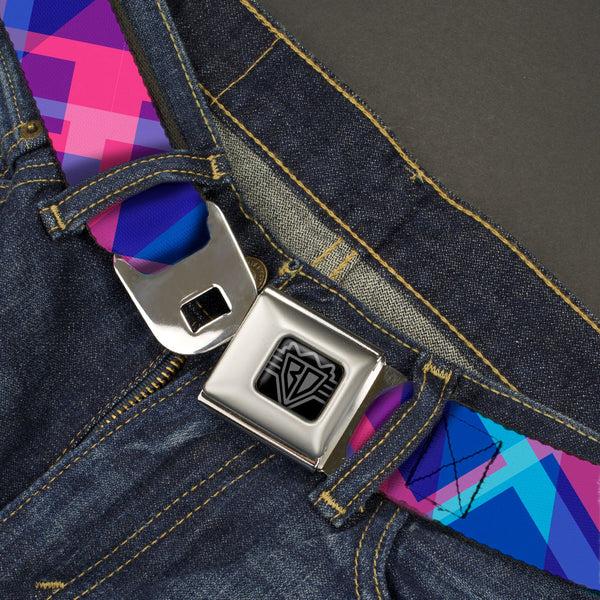 Buckle-Down BD Wings Logo CLOSE-UP Black/Silver Seatbelt Belt - Squares Stacked Blues/Pinks/Purples Webbing