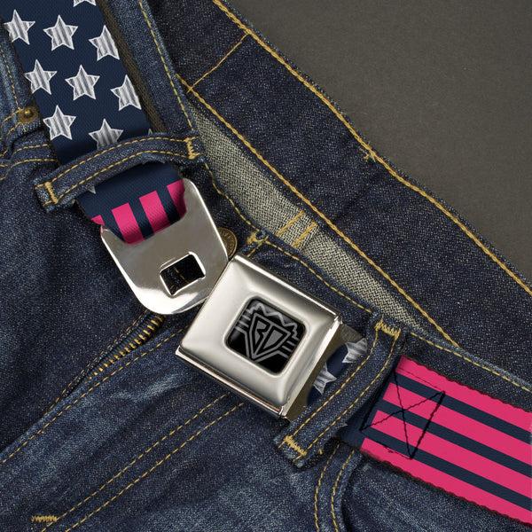 Buckle-Down BD Wings Logo CLOSE-UP Black/Silver Seatbelt Belt - Stars & Stripes2 Blue/White/Pink Webbing