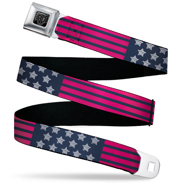 Buckle-Down BD Wings Logo CLOSE-UP Black/Silver Seatbelt Belt - Stars & Stripes2 Blue/White/Pink Webbing