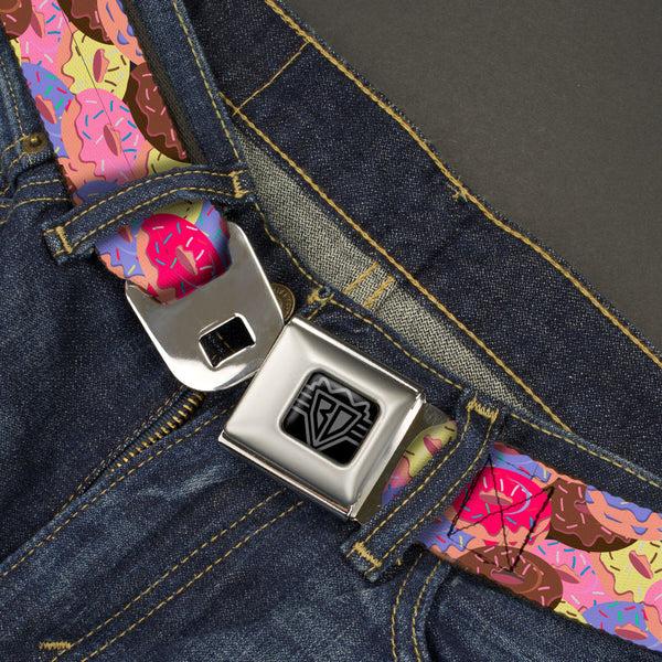 Buckle-Down BD Wings Logo CLOSE-UP Black/Silver Seatbelt Belt - Sprinkle Donuts Stacked Multi Color Webbing
