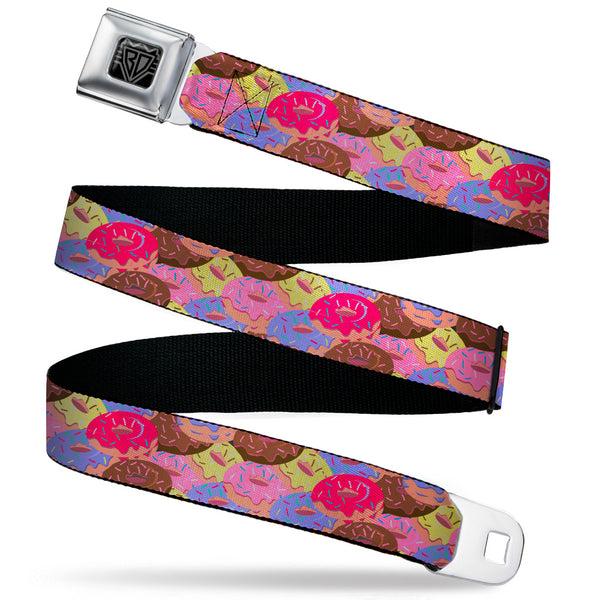 Buckle-Down BD Wings Logo CLOSE-UP Black/Silver Seatbelt Belt - Sprinkle Donuts Stacked Multi Color Webbing