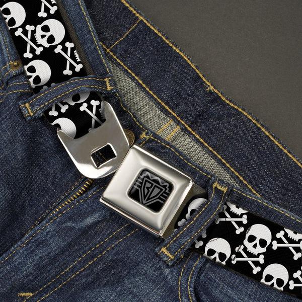 Buckle-Down BD Wings Logo CLOSE-UP Black/Silver Seatbelt Belt - Skull & Cross Bones Staggered Black/White Webbing