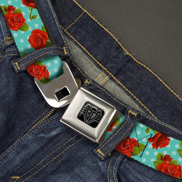Buckle-Down BD Wings Logo CLOSE-UP Black/Silver Seatbelt Belt - Roses & Leaves Scattered/Polka Dot Black/White Webbing