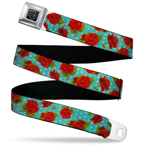 Buckle-Down BD Wings Logo CLOSE-UP Black/Silver Seatbelt Belt - Roses & Leaves Scattered/Polka Dot Black/White Webbing