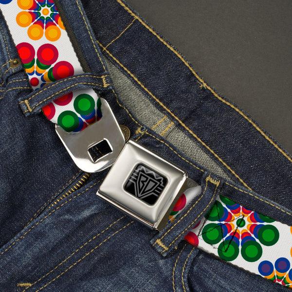 Buckle-Down BD Wings Logo CLOSE-UP Black/Silver Seatbelt Belt - Psychedelic Daisies CLOSE-UP White/Multi Color Webbing
