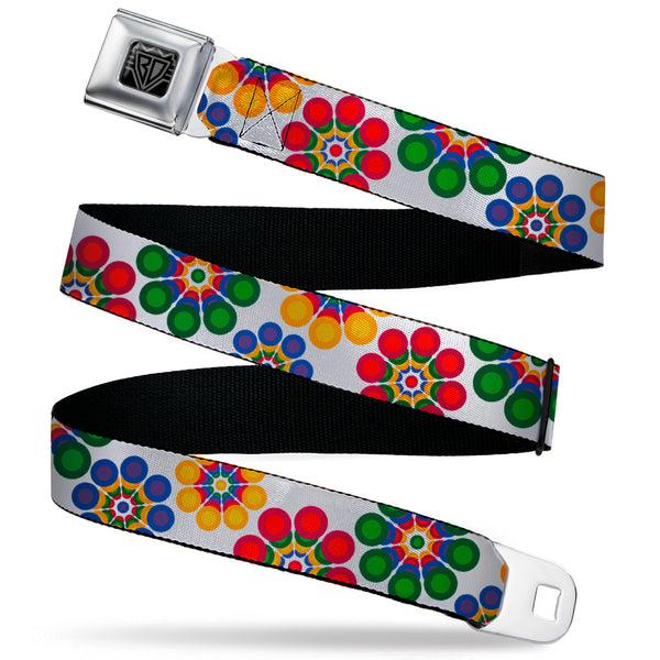 Buckle-Down BD Wings Logo CLOSE-UP Black/Silver Seatbelt Belt - Psychedelic Daisies CLOSE-UP White/Multi Color Webbing