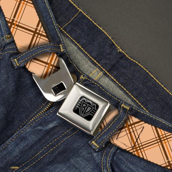 Buckle-Down BD Wings Logo CLOSE-UP Black/Silver Seatbelt Belt - Plaid X Tan/Browns Webbing