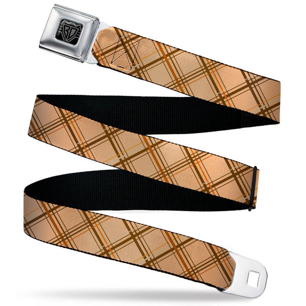 Buckle-Down BD Wings Logo CLOSE-UP Black/Silver Seatbelt Belt - Plaid X Tan/Browns Webbing