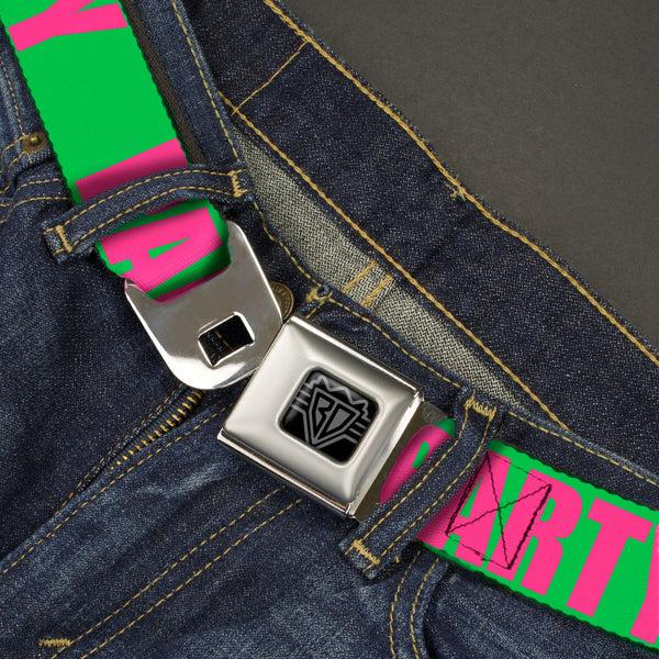 Buckle-Down BD Wings Logo CLOSE-UP Black/Silver Seatbelt Belt - PARTY Green/Pink Webbing