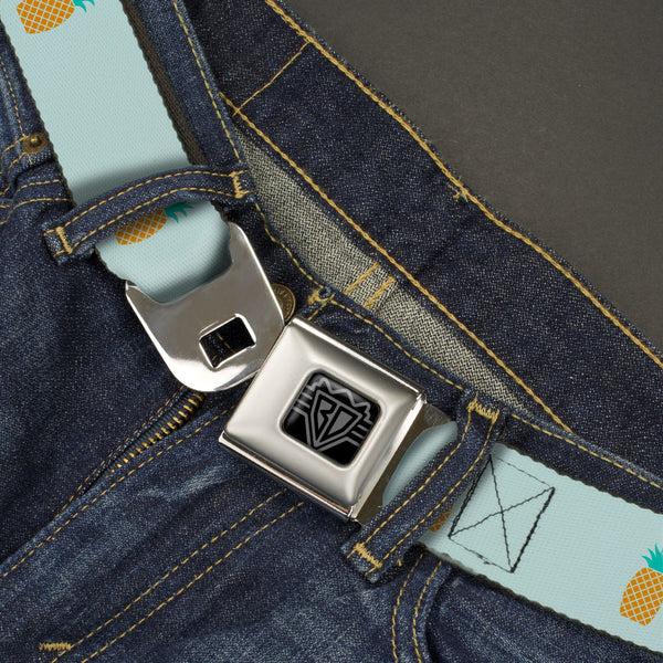 Buckle-Down BD Wings Logo CLOSE-UP Black/Silver Seatbelt Belt - Pineapple Repeat Aqua Blue Webbing
