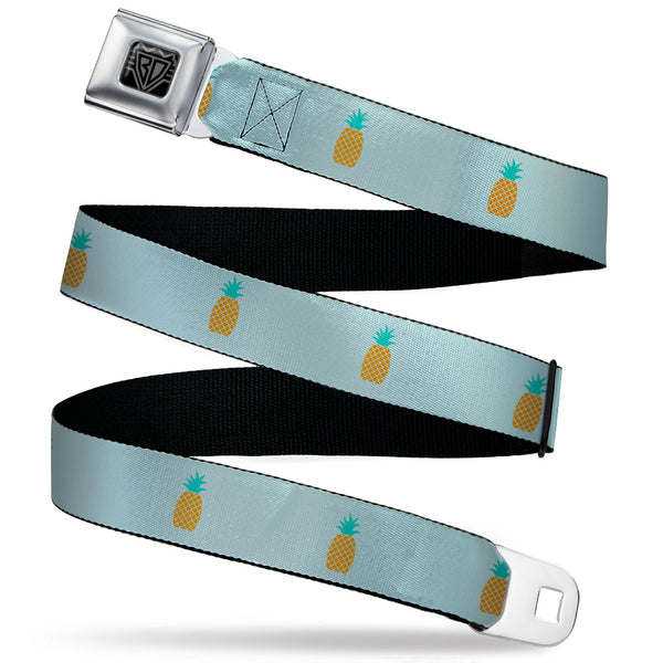 Buckle-Down BD Wings Logo CLOSE-UP Black/Silver Seatbelt Belt - Pineapple Repeat Aqua Blue Webbing
