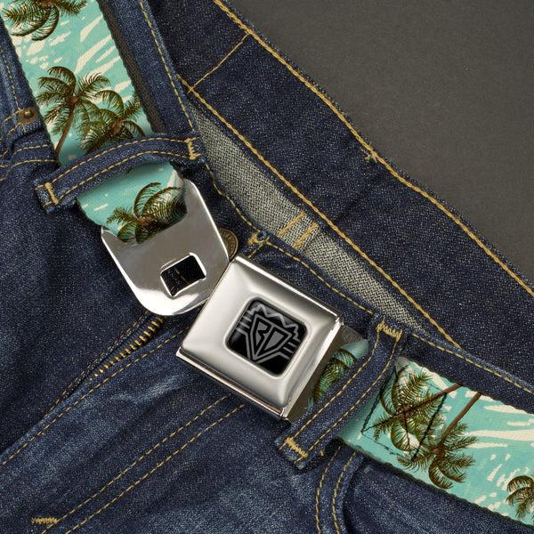 Buckle-Down BD Wings Logo CLOSE-UP Black/Silver Seatbelt Belt - Palm Trees Swaying Tan/Teal Webbing